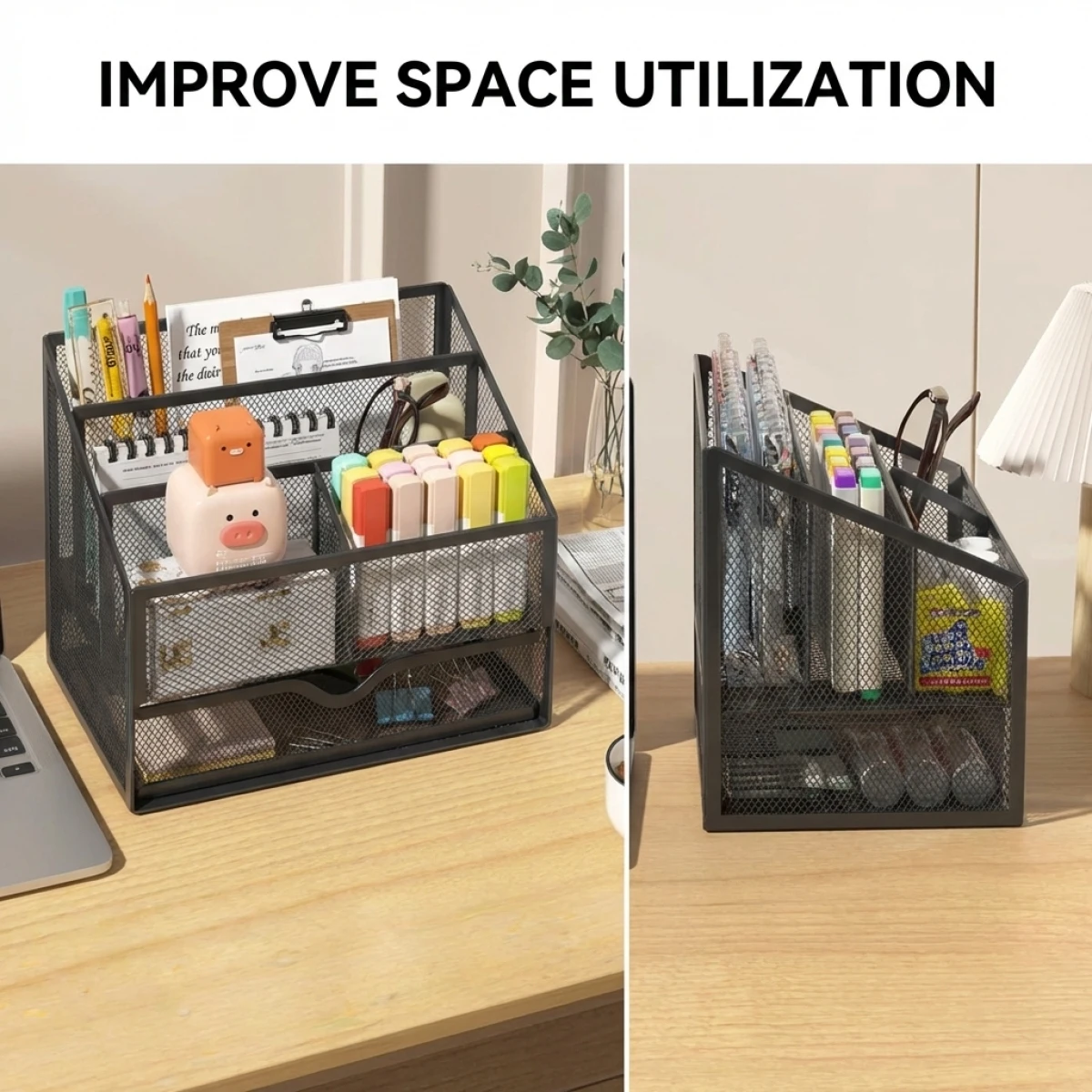 Desk Organizer with Raised Border, Classified Storage Rack for Office Supplies, Space Saving Pen Holder Tray for Students Home S