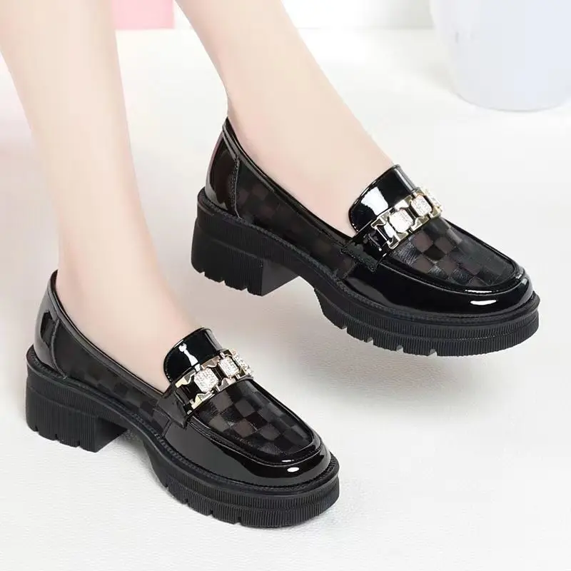 Ladies Pumps Loafers Chunky Heels Normal Leather Casual Round Toe Block Heel Women\'s Shoes Elegant Dress Shoe Genuine Mark Chic