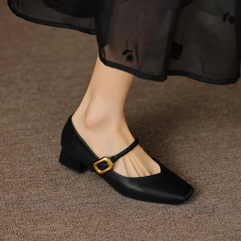 

Women Pumps Basic Shoes On Heel Sheepskin Ladies Retro Mary Jane French Style Elegant Square Toe Shoe Spring Atumn Simple Pumps