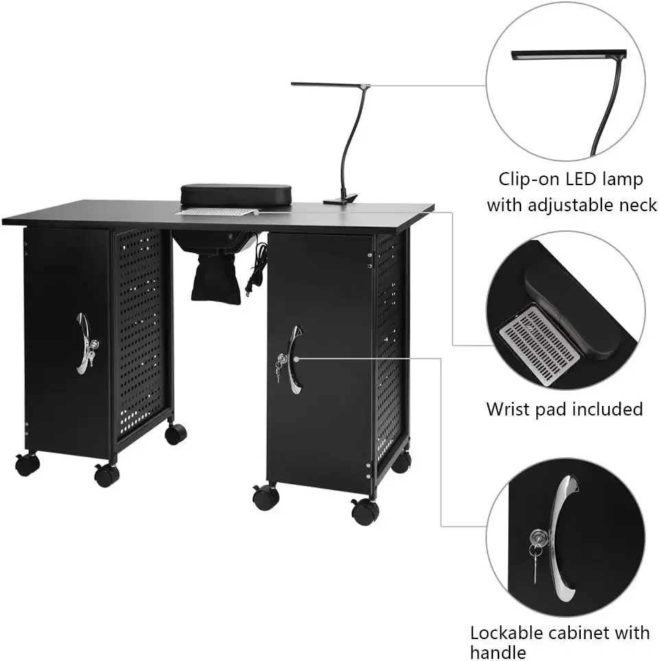 Mesa de manicura Escritorio para uñas con ventilación eléctrica, estación de trabajo de salón de spa de belleza con marco de hierro con reposamuñecas, gabinetes bloqueables,