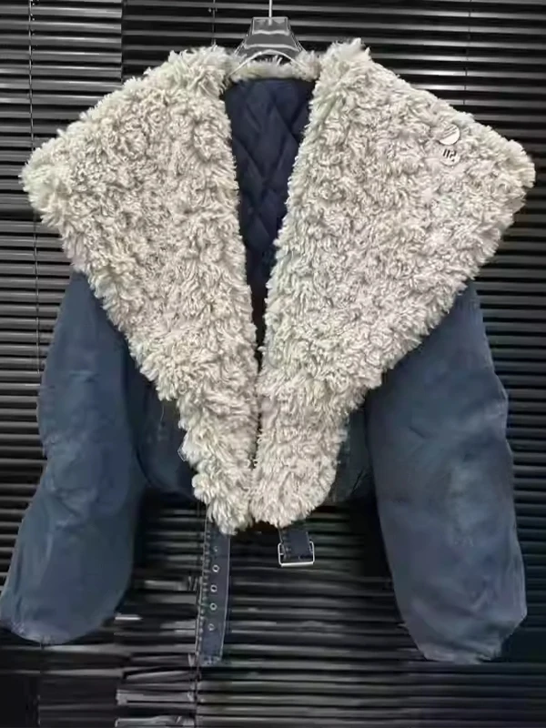 

Корейская утепленная джинсовая куртка из овечьего бархата для женщин, модная зимняя свободная теплая короткая хлопковая куртка с V-образным вырезом на одной пуговице