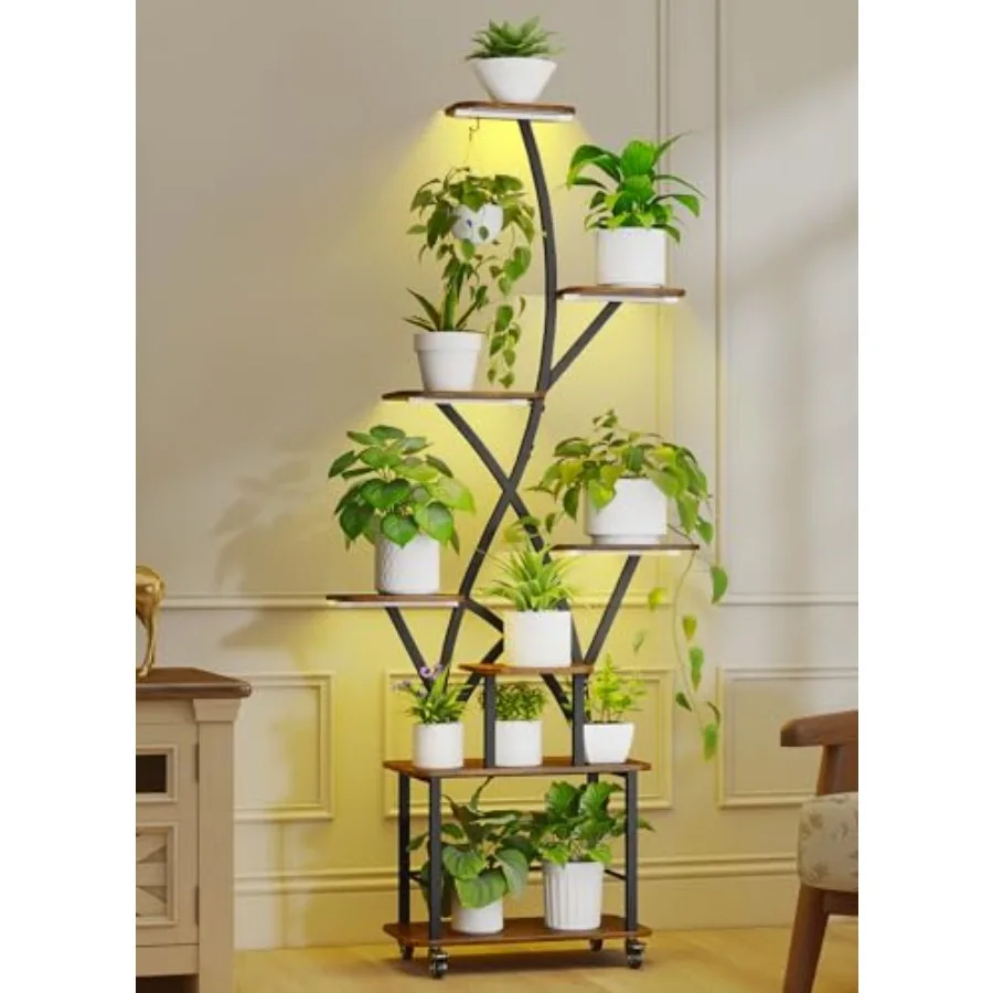 

Indoor plant stand with grow lights, metal, black, 64-inch tall 8-tiered lighted corner shelf with wheels for home, patio, balc