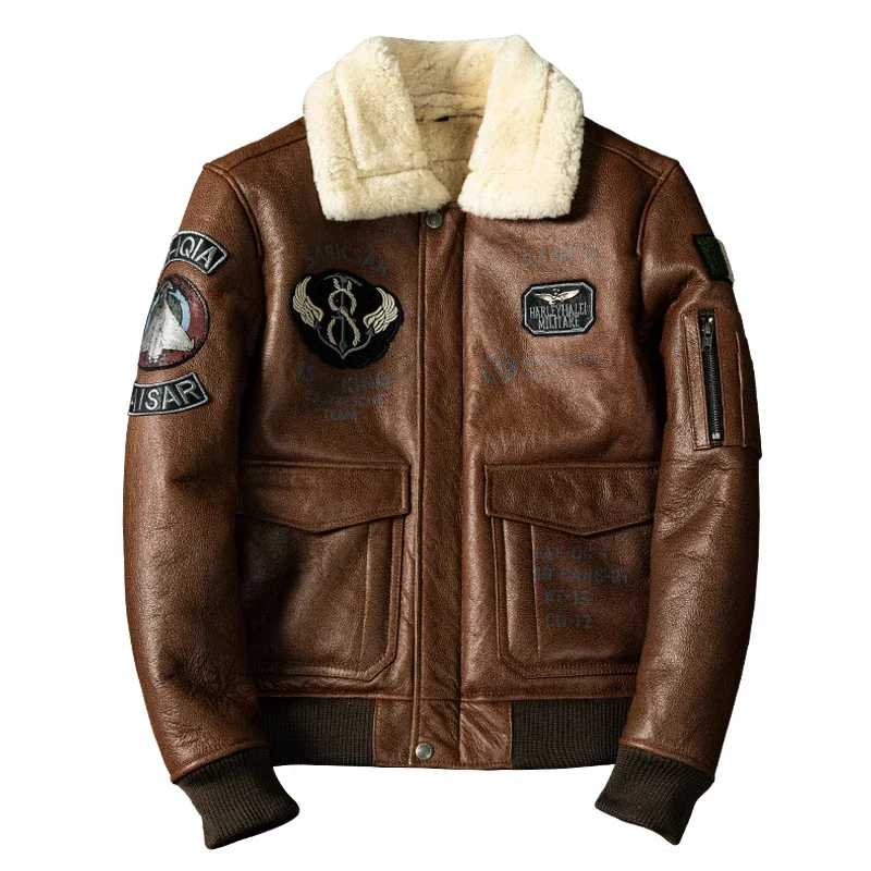 Military A2 Pilot Bomber Genuine Leather Jacket Men Vintage Air Force Flight Wool Collar Sheepskin Coats Winter Jackets for Men