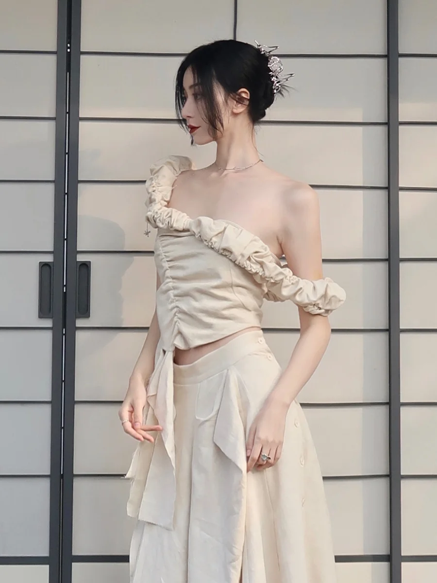 

ONMOON Весенний новый топ Fairy ter Ne ort, женский укороченный топ из смеси хлопка оригинального дизайна, укороченный топ на бретельках бежевого цвета