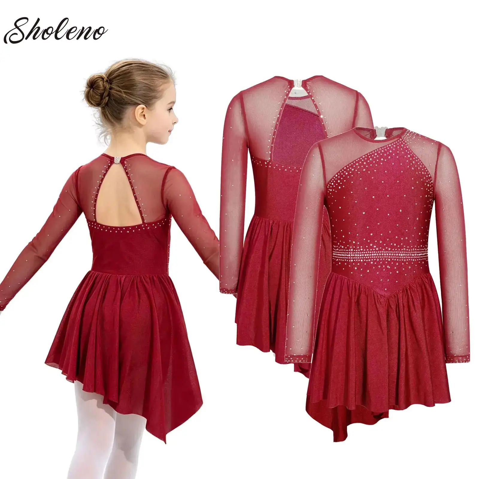 Glittery Rhinestones Lyrical Modern Dance Dress Kids Girls Asymmetrical Ballet Gymnastics Figure Skating Leotard Dress Dancewear
