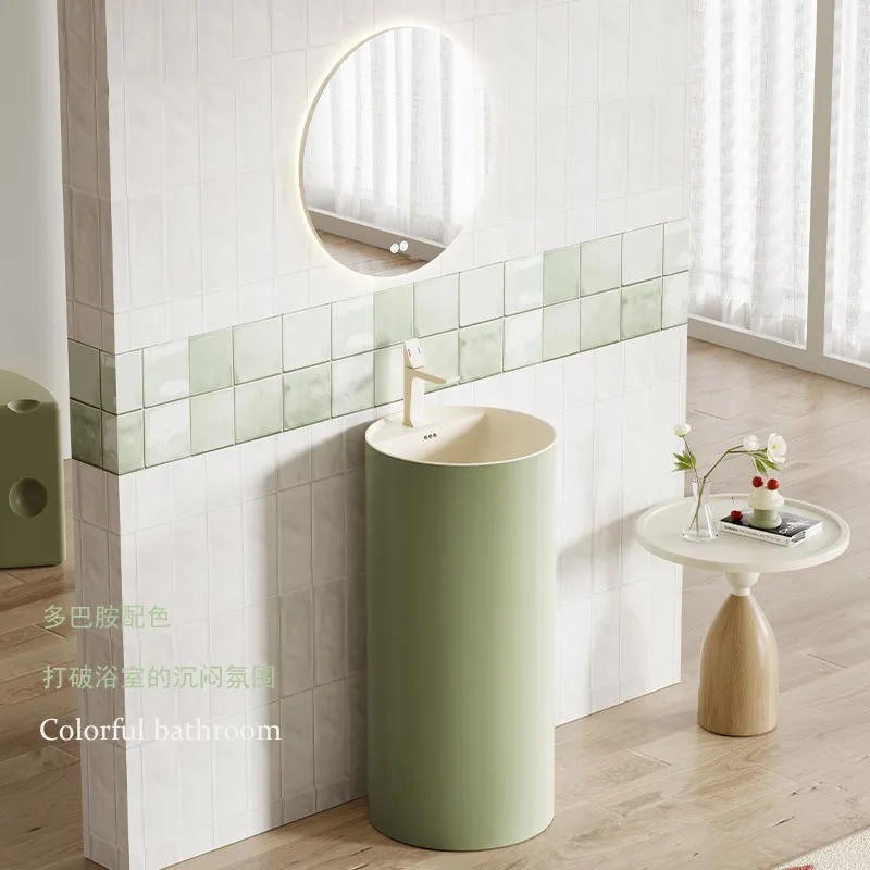 French retro cream wind round column basin bathroom color hand washbasin floor-to-ceiling integrated ceramic basin