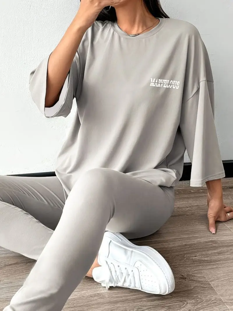 Round neck loose mid sleeve top paired with tight pants, women's casual two-piece set