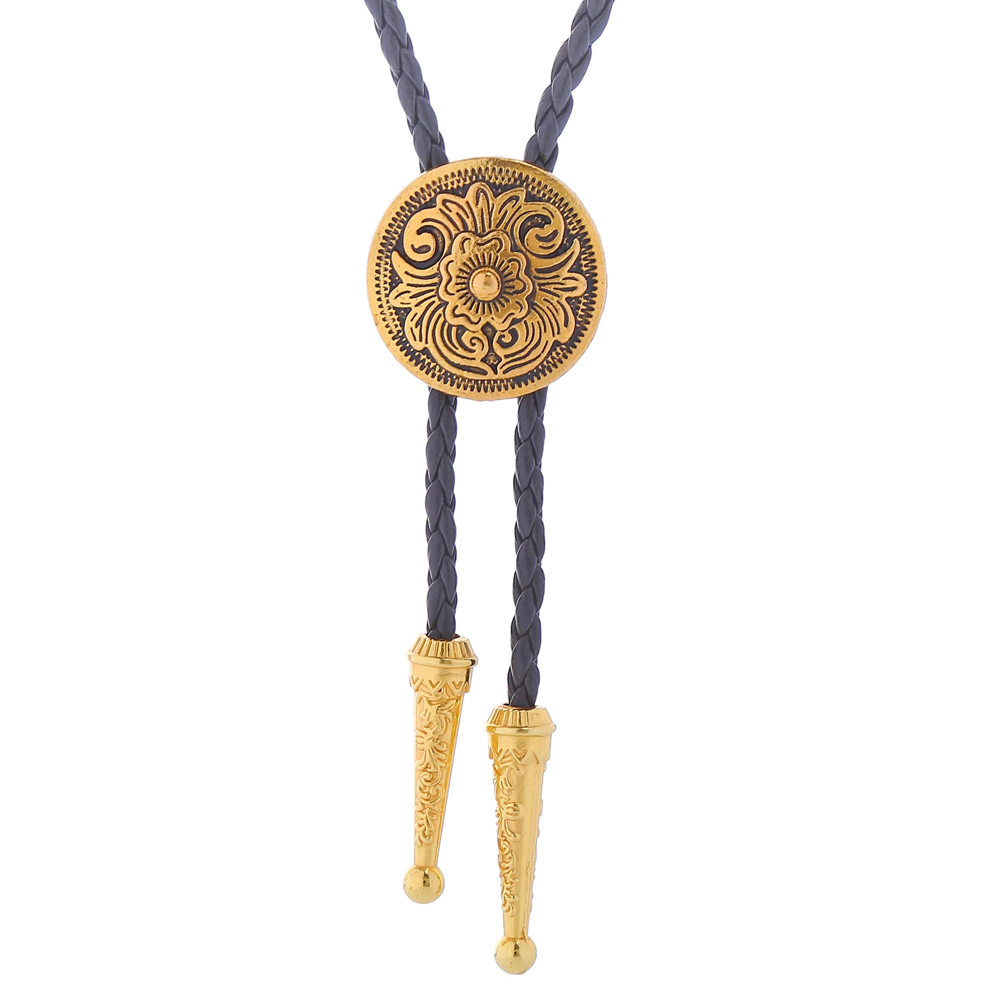 Art Bolo tie Antique Brass Silver color Flower Totem Round Buckle Adjustable Western Cowboy Novelty ties