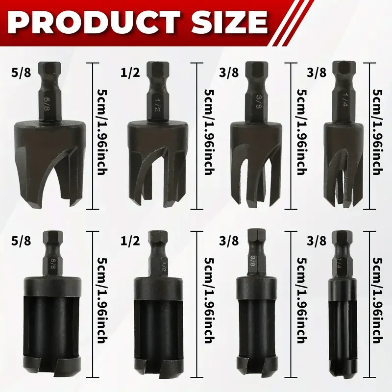 8pcs Wood Hole Plug Tenon Drill Bit Set Imperial system Carbon Steel Cork Dowel Shank Drill Bit for Woodworking Hole Saw