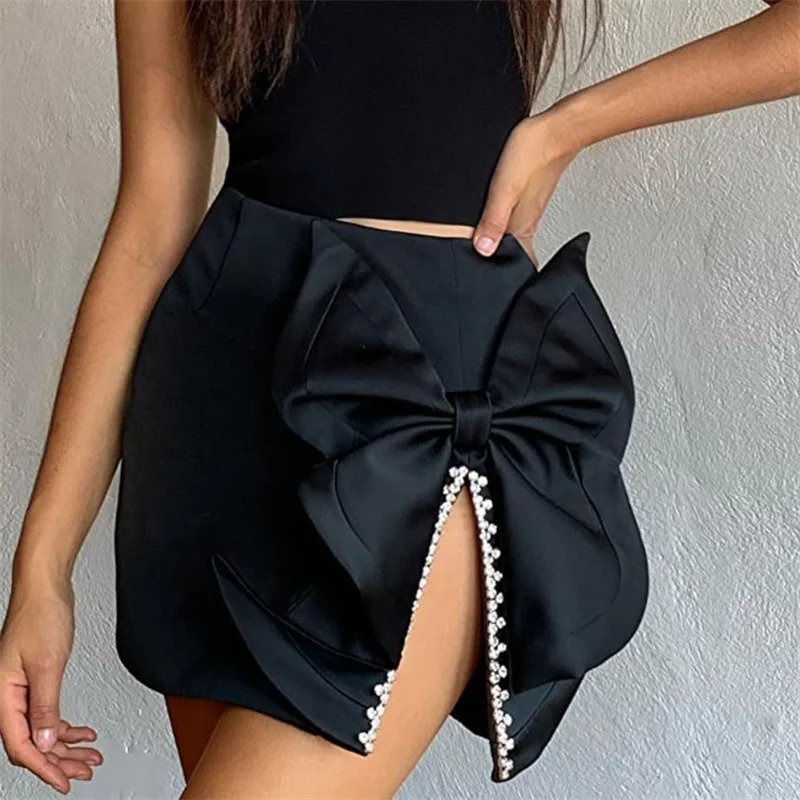 

Summer new nail drill split skirt high waist shows thin bow black skirt women