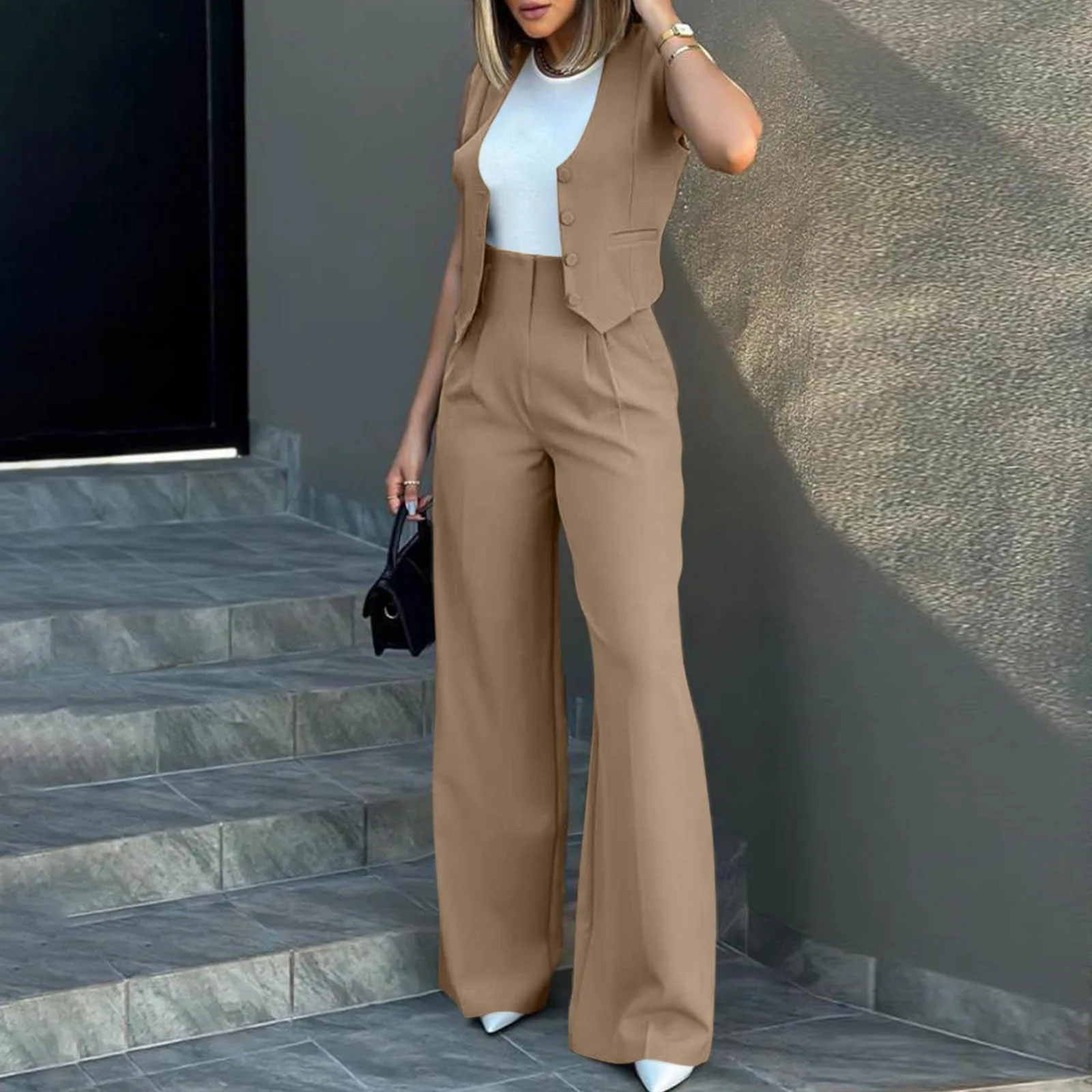 Pant Sets Women Sleeveless V-neck Vest High Waist Wide Leg Pant Suit Office Lady Casual Chic Vintage Elegant 2 Piece Sets Outfit