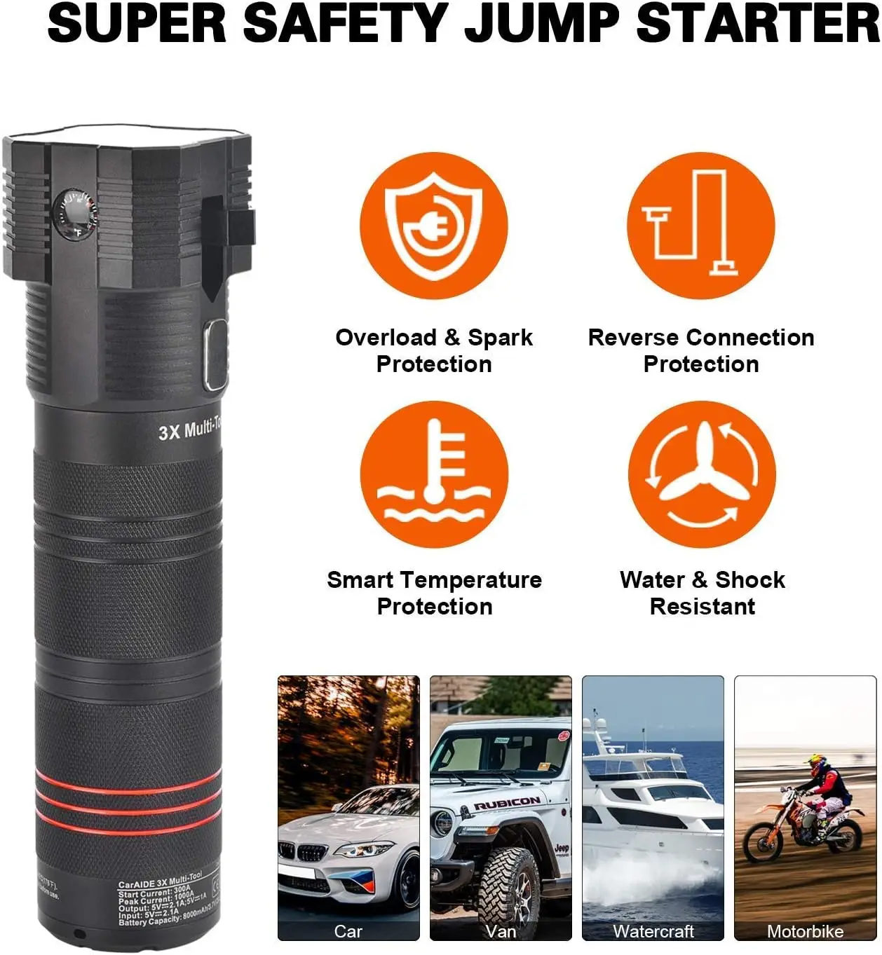 Arrancador de salto súper seguro 12V 1000A, herramientas de emergencia 18 en 1 con interruptor de ventana, cortador de cinturón de seguridad, Flash SOS