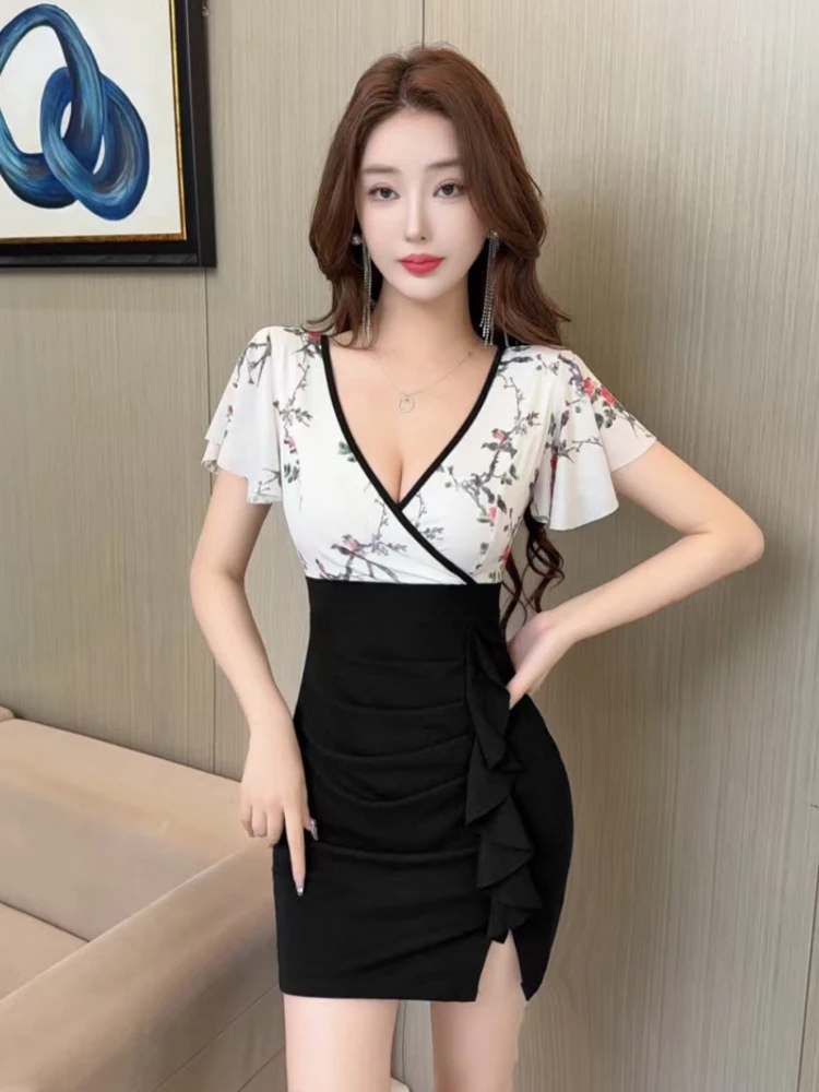 

Sexy Sweet Deep V Ne Floral Print Me Splice Dr Slim Fit Waist Cinched ort Skirt Svel Summer Women's Dr