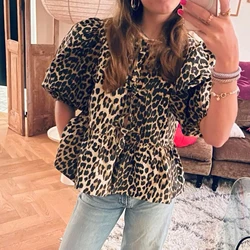 Women's Y2K Kawaii Summer Peplum Blouse Stripe Print/Solid Color/Leopard Half Puff Sleeve Tie Front Loose Shirt Tops