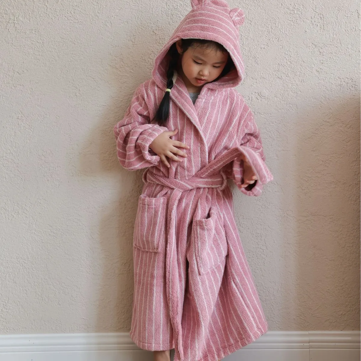 

Toddler Baby Boys Girl Cotton Solid Stripe Bathrobe Children Sleepwear Hooded Bath Robes Night-robe Pajamas Kids Clothes