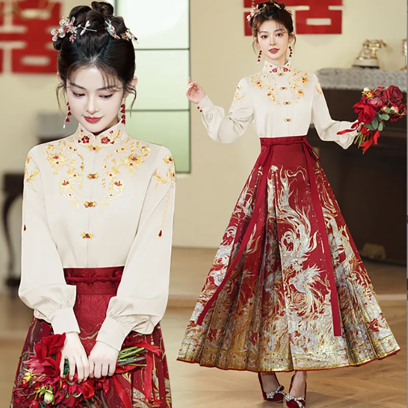 Improved Hanfu Horse Face Skirt Women Chinese Hanfu Horse Face Skirt Red Beige Shirt Woven Gold Fabric Pleated skirt Plus Size