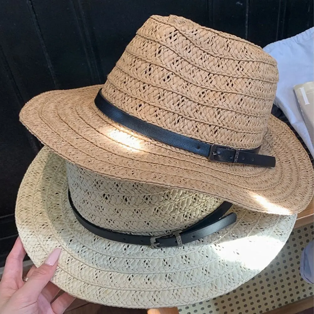 

Модная соломенная шляпа с широкими полями и кожаной пряжкой в стиле вестерн, ковбойская шляпа, джазовая шляпа, солнцезащитный козырек, кепка для походов