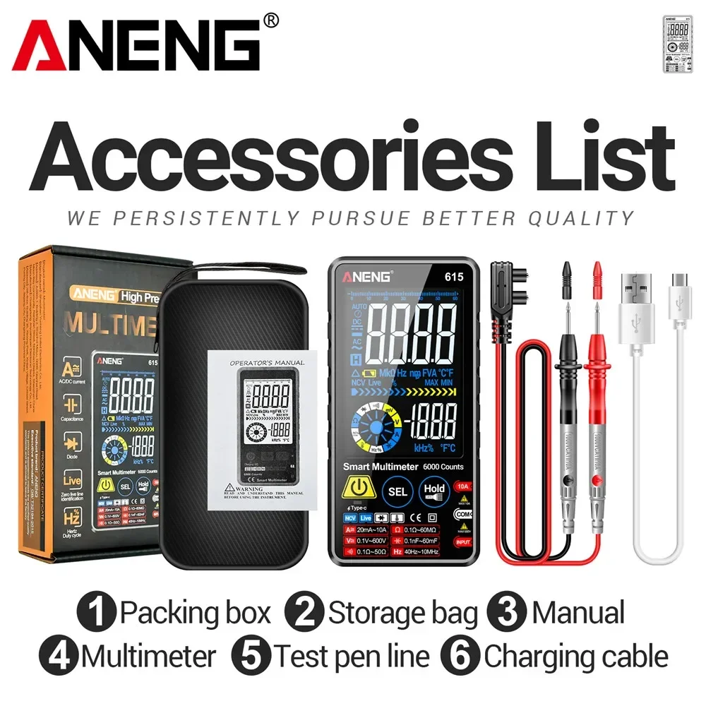 

Цифровой мультиметр ANENG615 с функцией зарядки, 6000 измерений, умный тестер напряжения и тока AC/DC, высокоточный сенсорный прибор для электриков