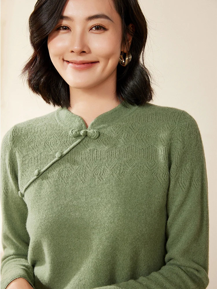 

MEELEX Elegant Autumn Winter Women Knit Pullover New Chinese Style Clothes 100% Merino Wool Sweater Pure Color Soft Fashion Tops