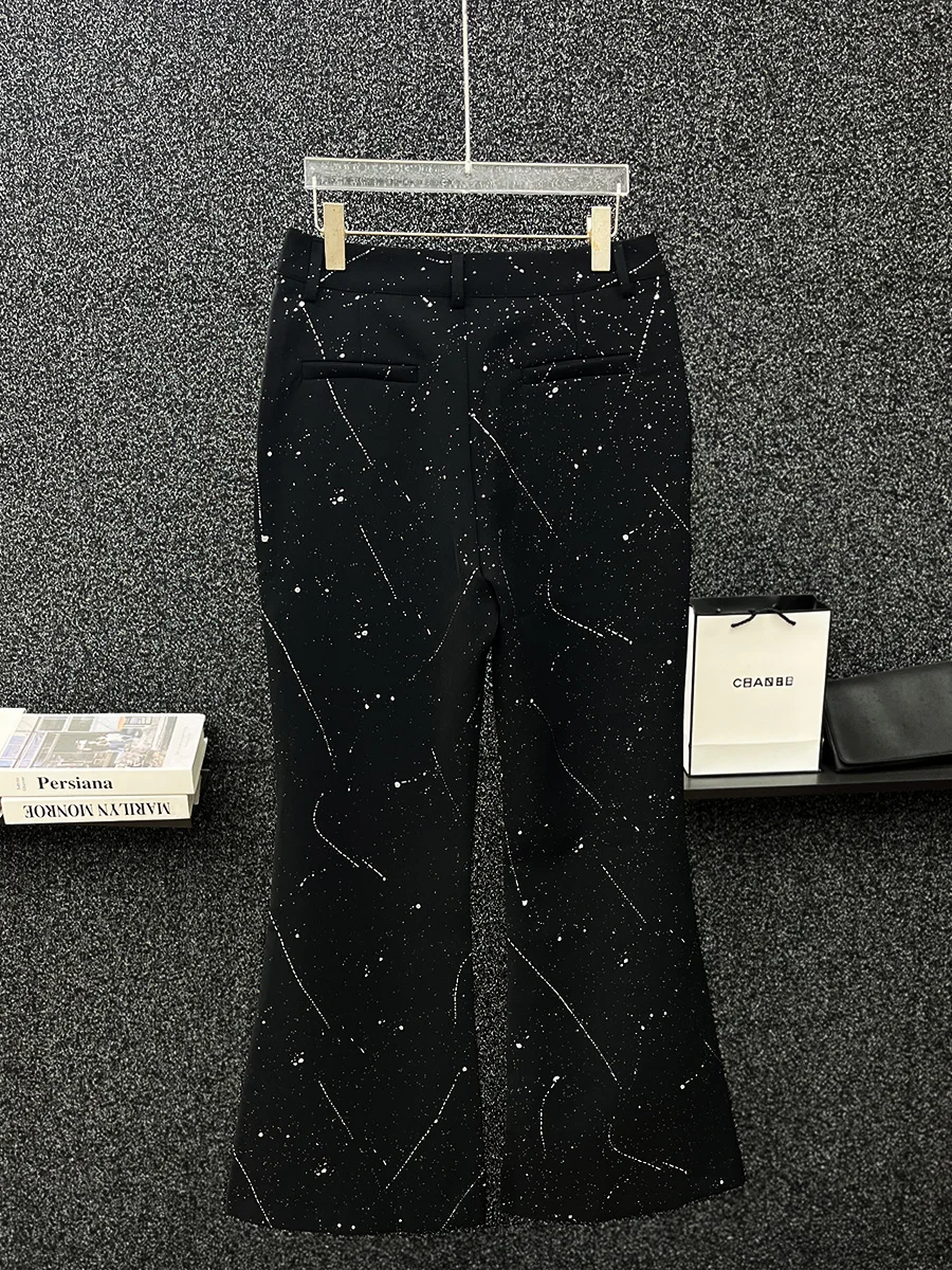 Korean Version Design Heavy Industry Hot Diamond Black Casual Pants Men's High-end Fashion Trend Loose Micro-flared Pants