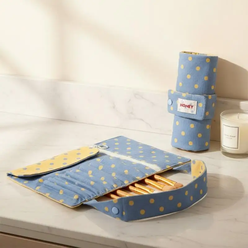 Vintage Polka Dot Roll Up Pencil Case Dual Use Makeup Brush Holder Portable Foldable Storage Organizer for School Travel Makeup view 2