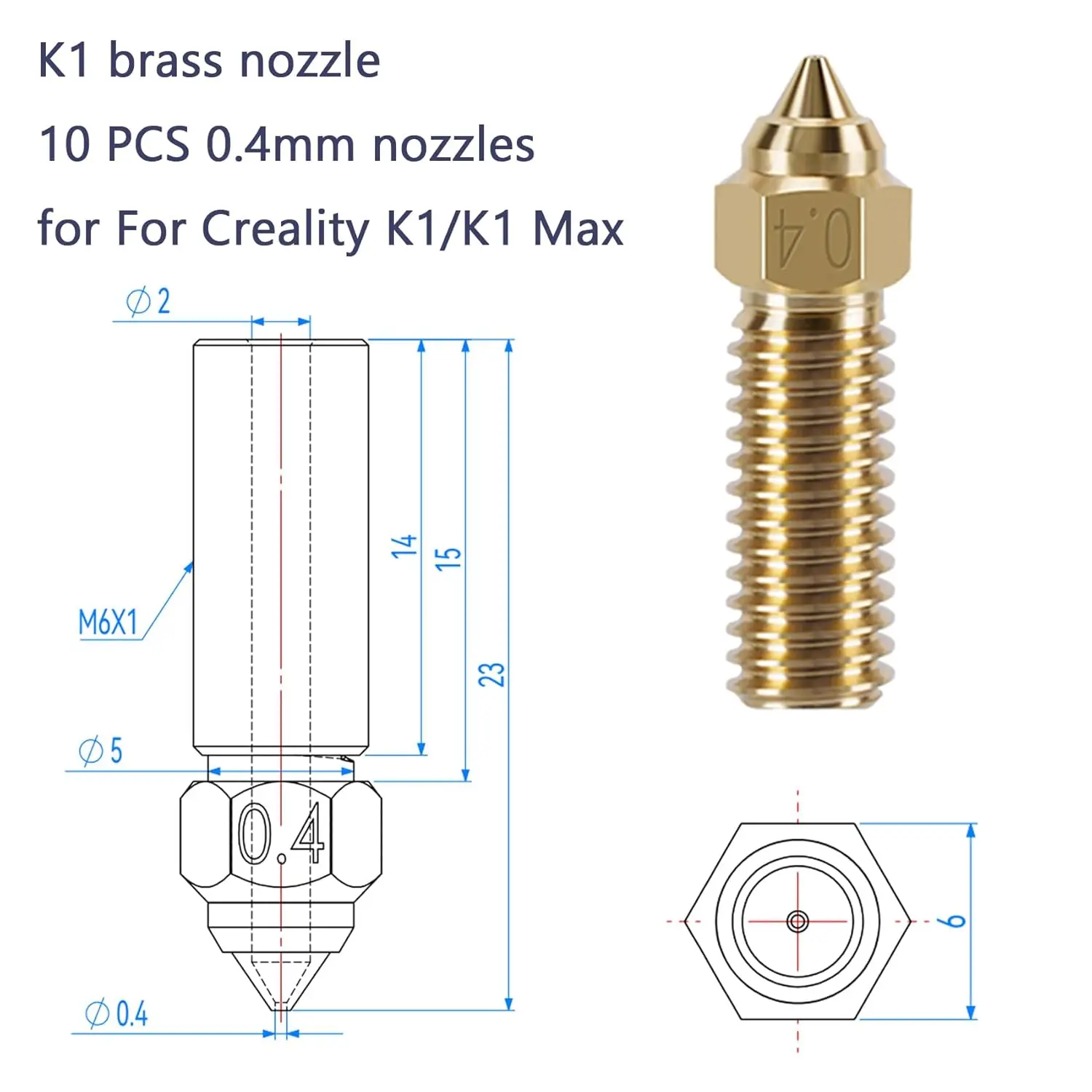 Creality K1 Brass Nozzles Kit, 3D Printer 10PCS High Speed 0.4mm Nozzles Kit for K1, K1 Max, Ender 3 V3 KE, CR-10 SE, CR-M4