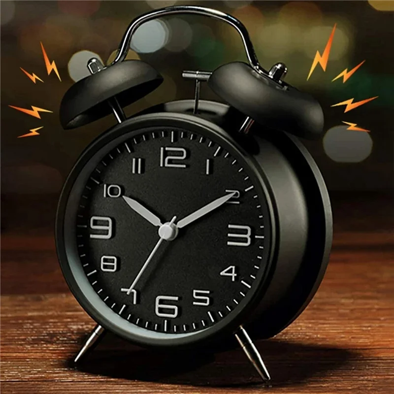 4 بوصة جرس مزدوج بصوت عال المنبه مكتب الجدول المنبه مع بطارية الإضاءة الخلفية تعمل، أسود 1 قطعة