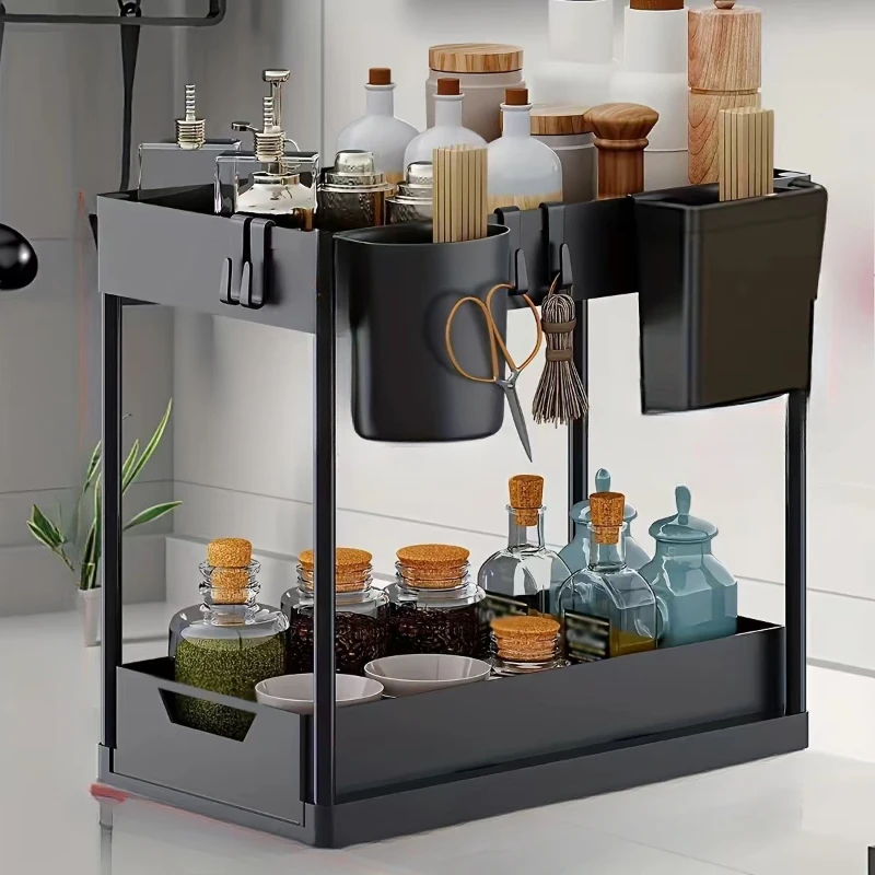 

Multi Functional Plastic Double-layer Kitchen Storage Rack Pull-out Bathroom Storage Rack