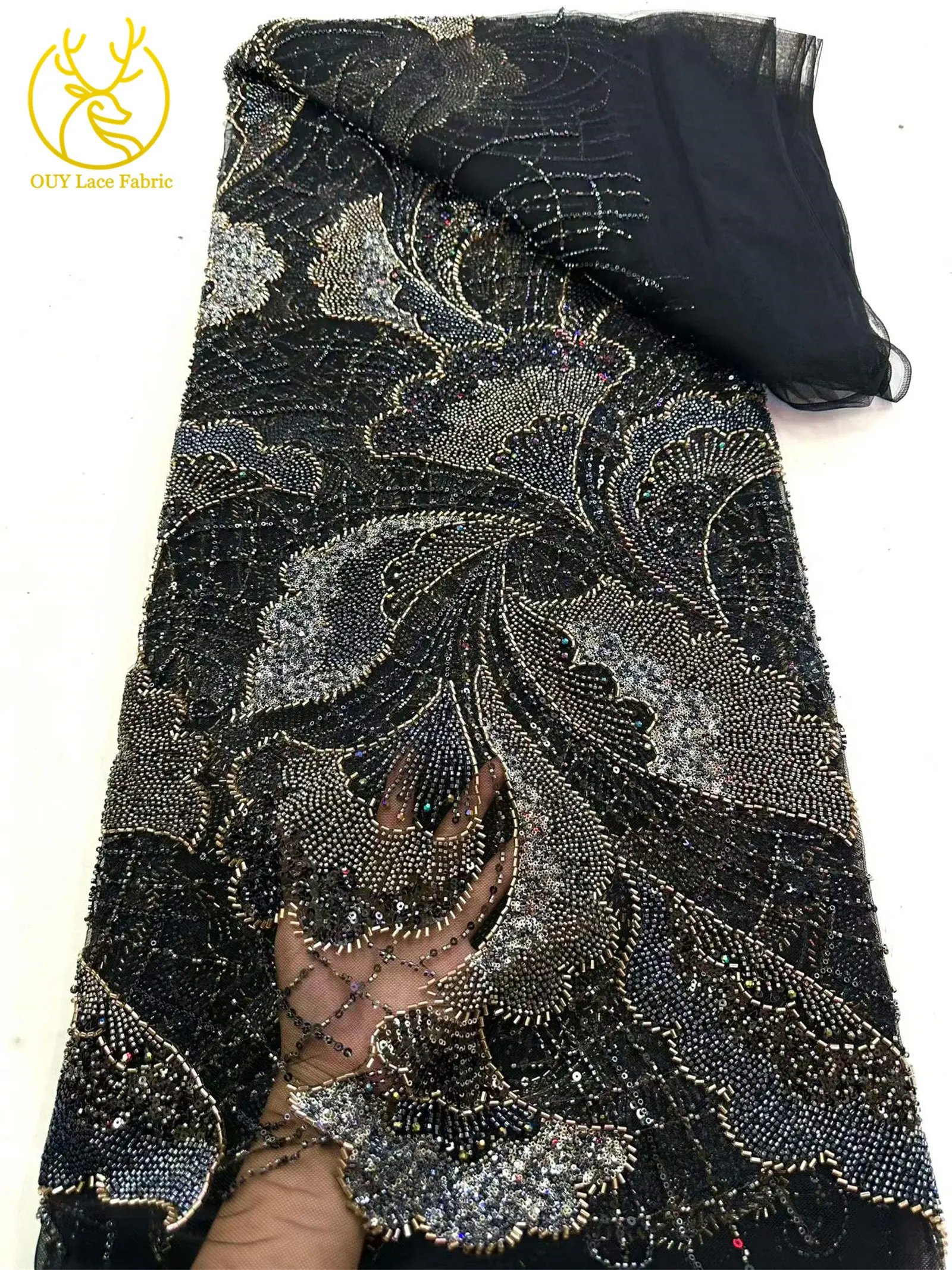 Neuer Stil Afrikanischer Pailletten-Perlen-Spitzenstoff Hochwertige französische schwere Perlen-Spitze für nigerianische Stickerei-Tüllkleider zum Nähen. – Detail 12