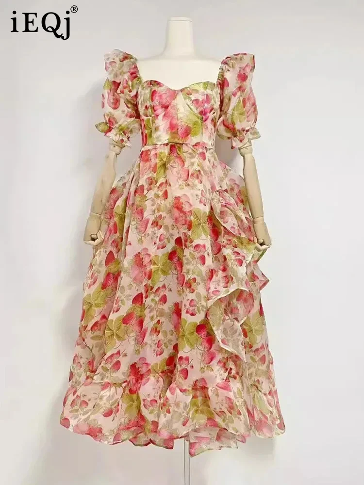 

[IEQJ] Printing Design Long Dresses For Women Square Collar High Waist Short Sleeve Elegant Dress Female Summer 2024 New 36A1853