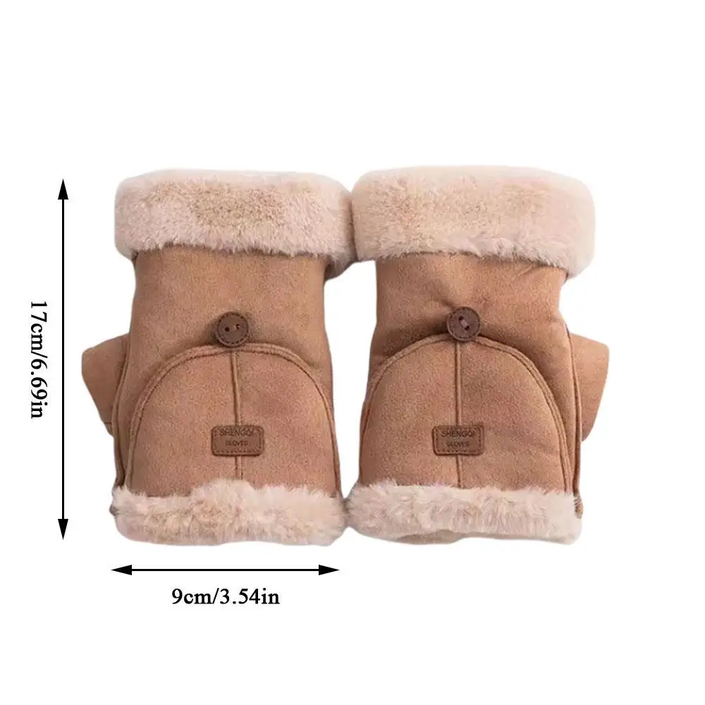 Thick Velvet Flip Cover Suede Gloves Outdoor Writing Student Fingerless Gloves Wool Lining Half Finger Gloves Fleece Lined