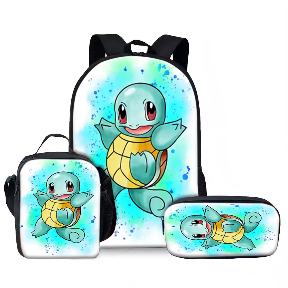 Kids Bag,Pokemon,Squirtle 3pcs Backpack Set Watercolor Paint Print Breathable Canvas School Bag for Kids Students
