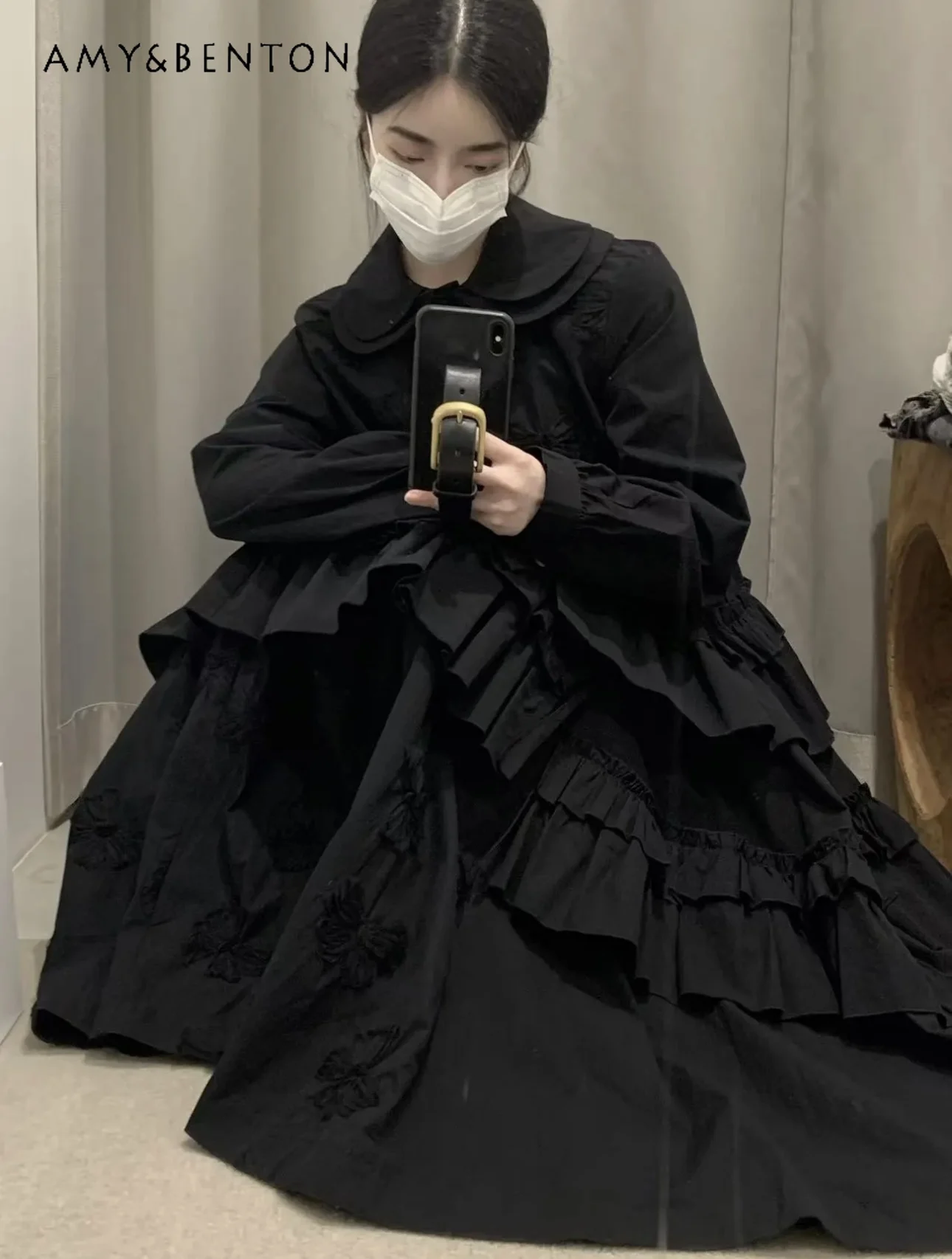 เสื้อเชิ้ตแขนยาวจีบระบายปักลายโบว์คอสองชั้นสไตล์ญี่ปุ่นดั้งเดิม ให้ลุคหวานแบบเจ้าหญิง