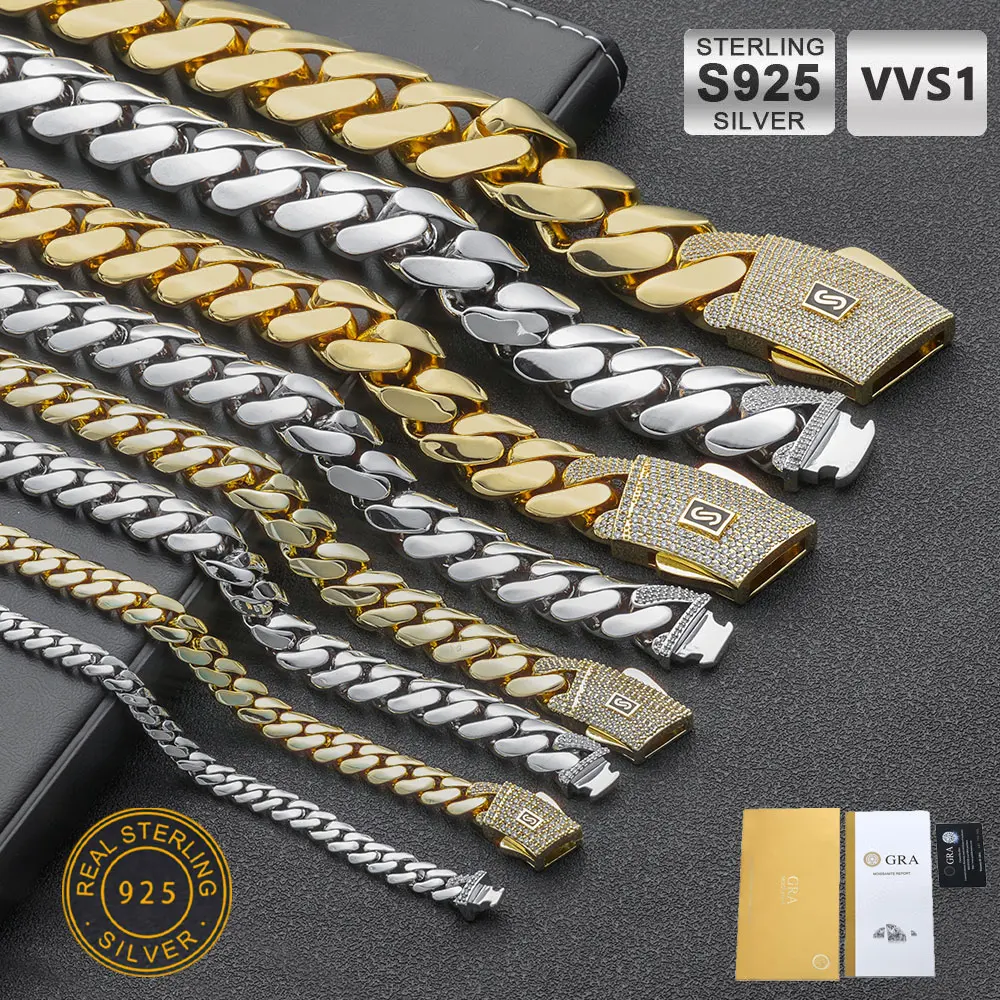 

925 Sterling Silver Diamond Buckle Flat Miami Necklace 14Kgold Plated Trendy Cuban Chain Hip hop Jewelry Men's Accessories