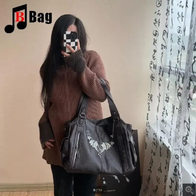 

Сумка-тоут Y2K в готическом стиле для женщин и девушек, панк-стиль, Харадзюку, повседневная, на одно плечо, мотоциклетная, из мягкой кожи, через плечо