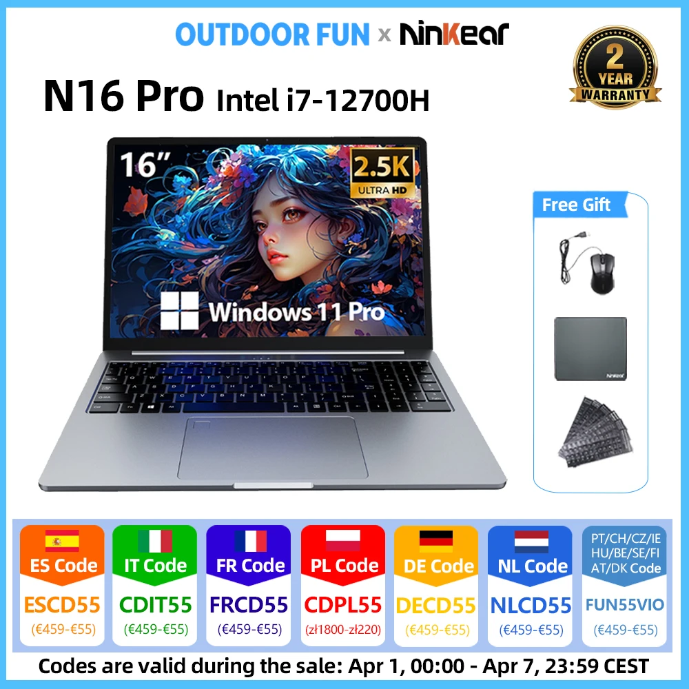 Portátil Ninkear N16 Pro de 16 pulgadas 2.5K 120Hz Intel Core i7-12700H WiFi 6 16GB RAM 1TB SSD con Windows 11, Notebook, Computadora de Oficina