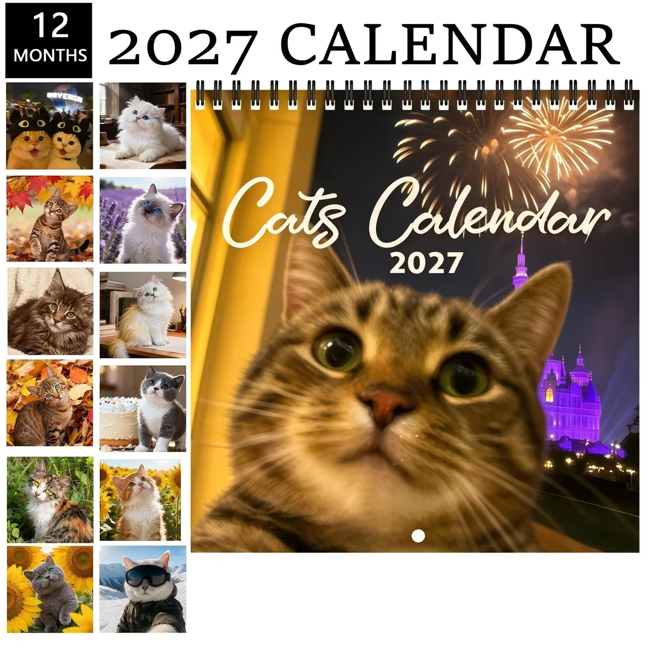 2027 Vintage Cat Wall Calendar Cute Animal Artwork Monthly Calendar Spiral Bound Home Decoration Gift