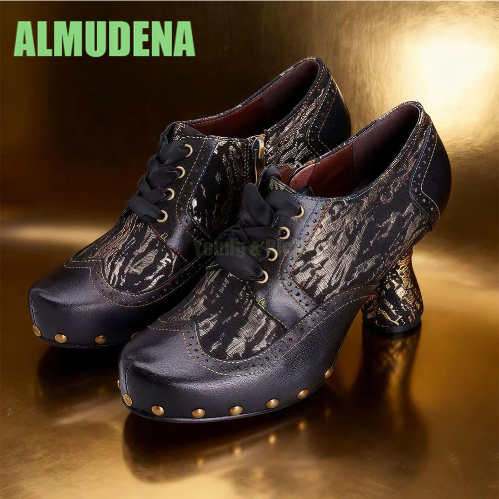 

Embroidered Leather Patchwork Single Shoe Hand Polished Splicing Printed Rivet Strap Design Fashionable Irregular High Heels