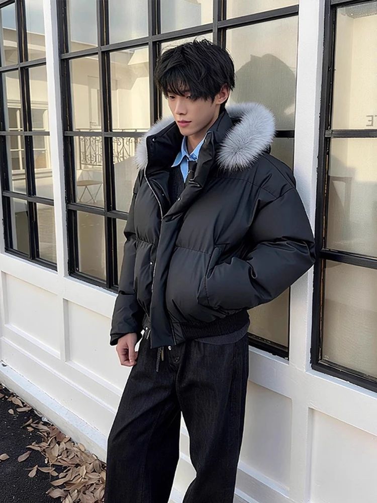 

Korean Light Maturi PU Leather Hooded Parka Coat Men's Thiened Warm Cotton Jaet Winter Stand Fit Youth Casual Faion