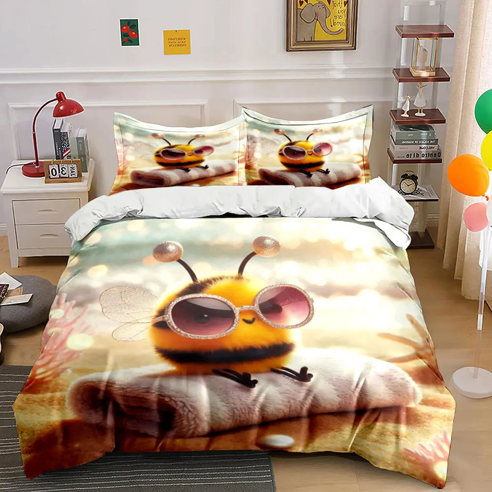 Cute bee with sunglasses on beach Print Bedding Set 1 Duvet Cover 2 Pillowcases for Adult and Children Luxury Gift Full Size
