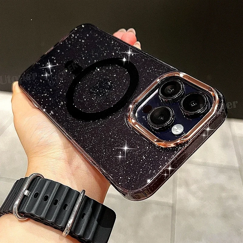 

Luxury Bling Glitter Candy Color Magsafe Case For iPhone 15 14 13 Pro Max Metal Lens Frames Hard Shockproof Protection Cover