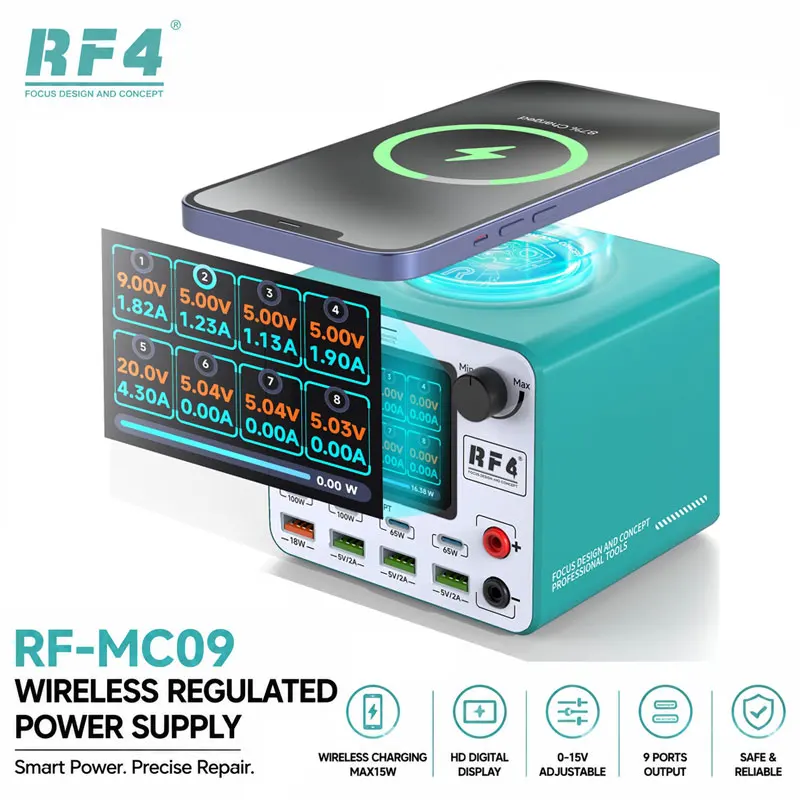 Carregador Inteligente Multi-Portas RF4 RF‑MC09 150W com Carregamento de Alta Velocidade, Suporta Laptops e Múltiplos Dispositivos, Ferramenta de Reparação de Telefone
