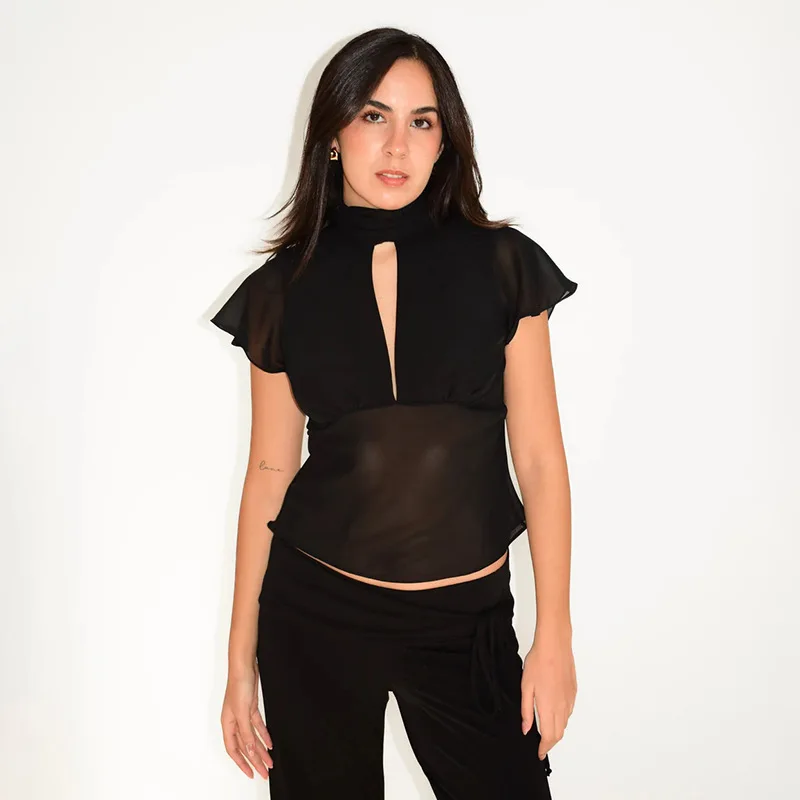 

2026 Spring Summer Women Sheer Tie Strap Flutter Sleeve Patchwork Casual Blouse Loose Chic Daily Tops