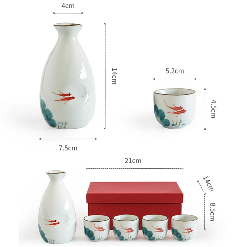 Ceramic Sake Set Goldfish Lotus Design Wine Cup Korean Soju Glasses Porcelain Saki Pot Cup (1 Pot + 4 Cups) Dishwasher Safe