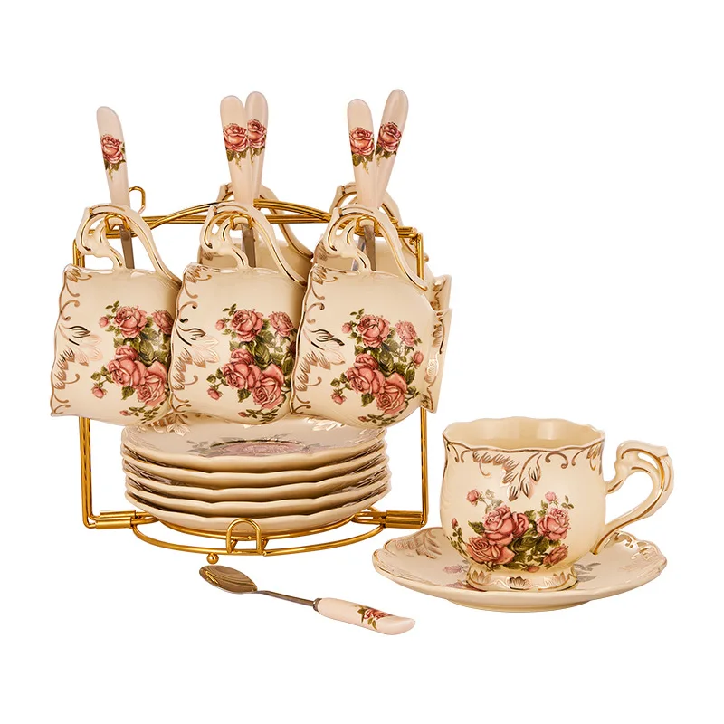 Ivory Porcelain Coffee Set Rose Flower Coffee Pot Sugar Bowl Milk Jug Cake Stand Ceramic Tea Cups and Saucers for Home Tea Party
