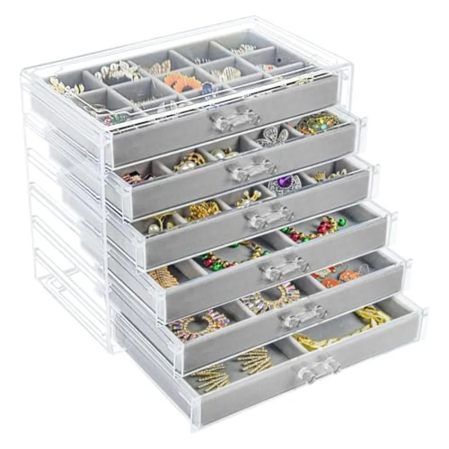 Acrylic Jewelry Box with 6 Drawers Clear Earring Storage Organizer Display Case for Women Girls
