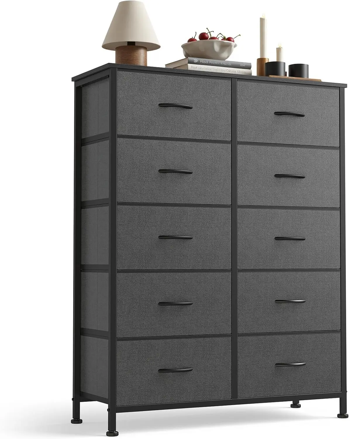 

10 Drawer Fabric Dresser Storage Tower with Bins, Tall Chest Organizer for Bedroom Closet Hallway, Steel Frame Wood Top Easy