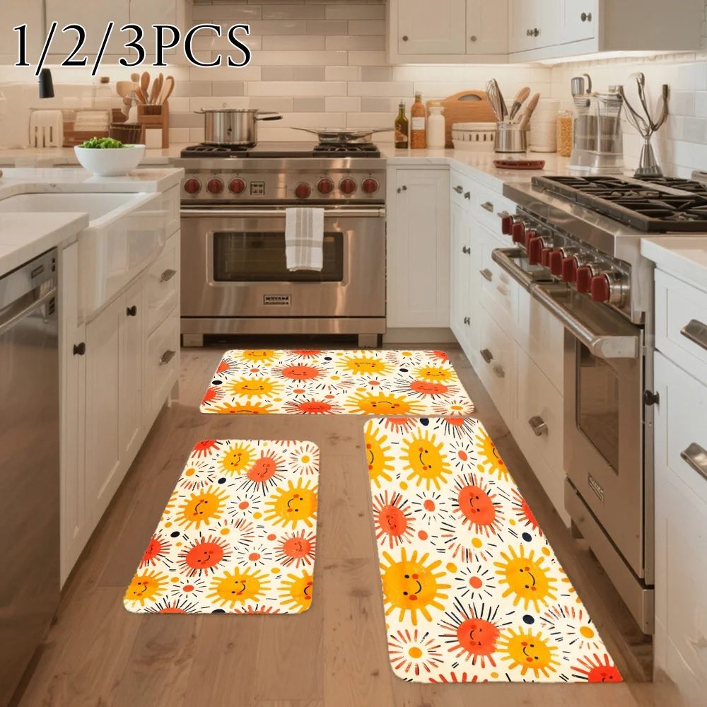 3PCS Kitchen Rugs,Home Decoration for Front Door, Kitchen, Sunflower Pattern With Smiling Faces And Bright Colors Dining Mat