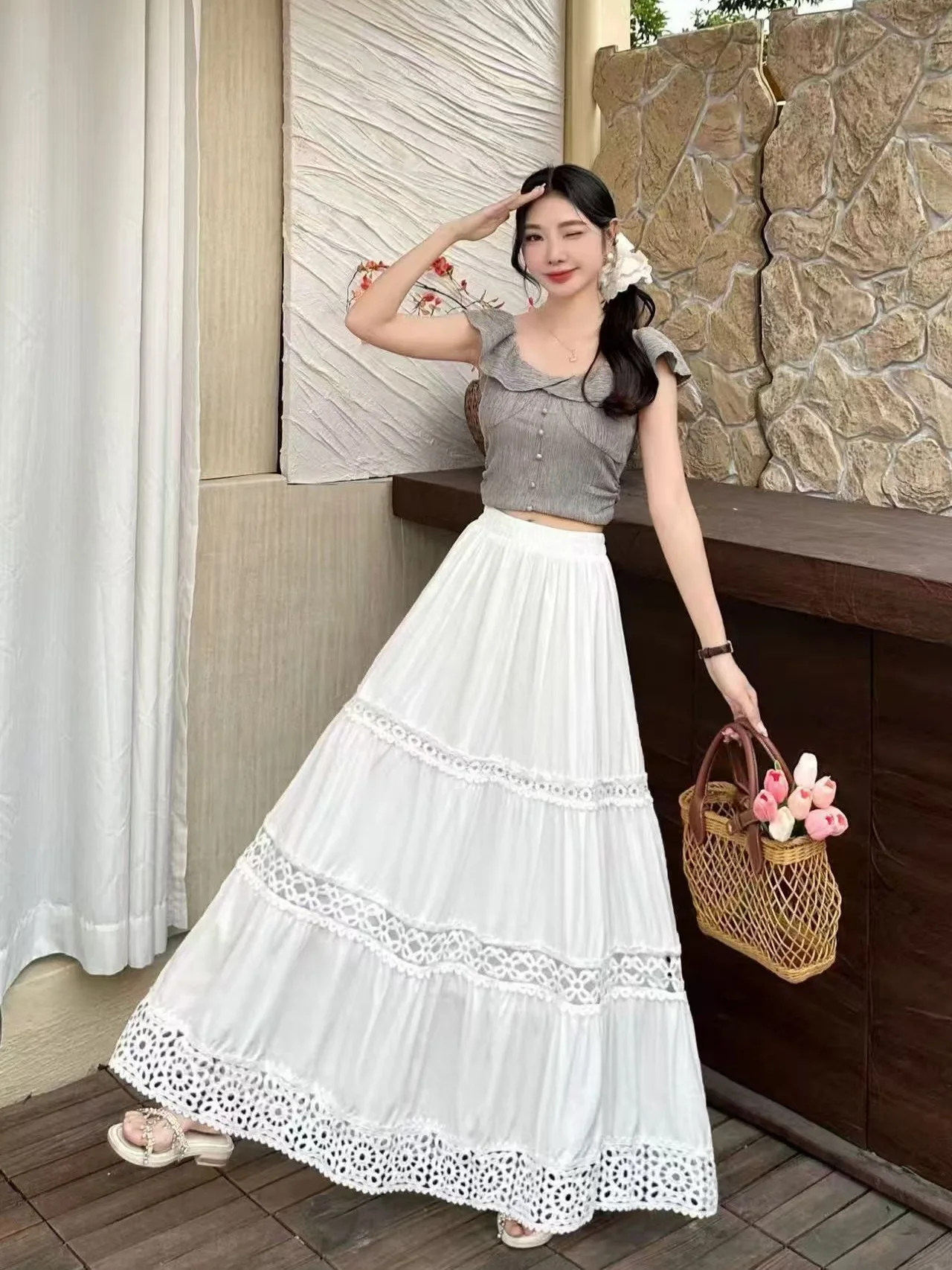 

Harajuku Vintage Lace Hem Spliced Design Blue A Line Skirt Women Summer Sweet Hollow Out Midi Skirts Chic Niche Preppy Clothing