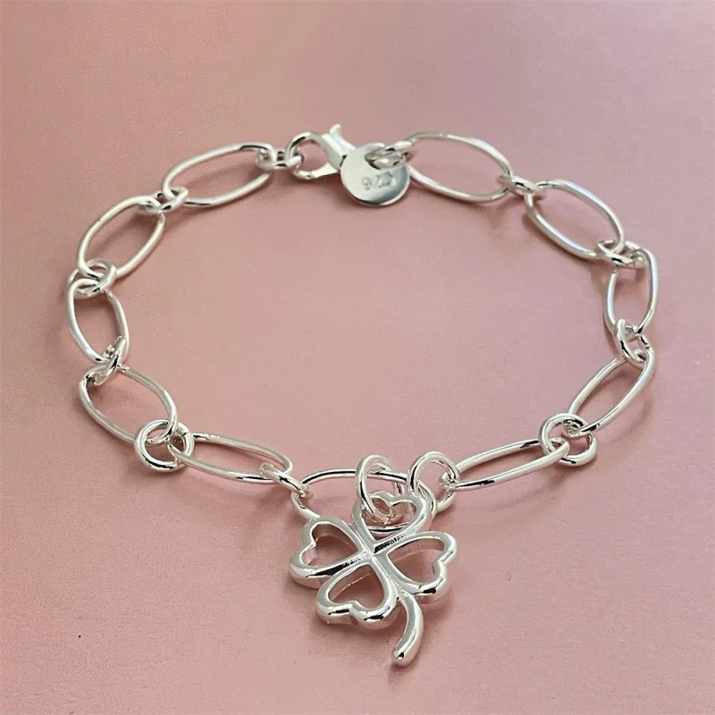 925 Sterling Silver Bracelet Four-leaf Clover Paperclip Bracelet Ladies Fashion Simple Birthday Wedding Anniversary Jewelry Gift